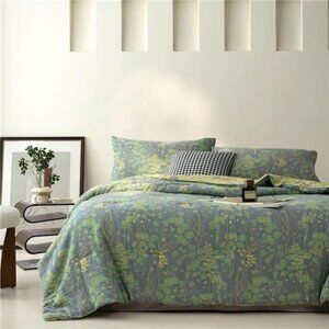 NEW Anthro Blue Green Floral Reversible Queen / King Bedspread Blanket Sham Set